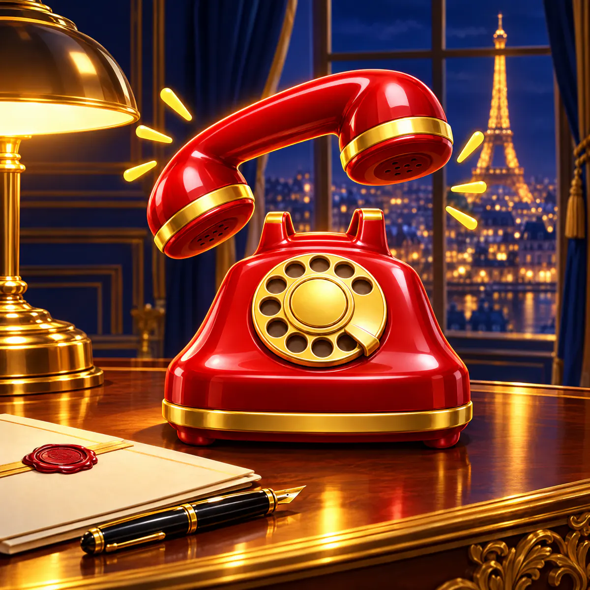 Le bureau du Président la nuit : un téléphone rouge et or sonne sur le bureau, Paris et la tour Eiffel à la fenêtre.